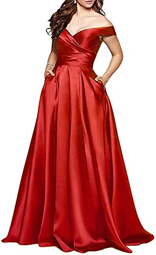 N/ C Damen Ballkleider Schulterfrei Ärmellos A-Linie Lang Abendkleider mit Taschen, rot, 36 von N/ C