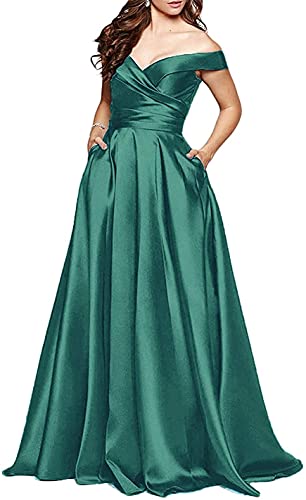 N/ C Damen Ballkleider Schulterfrei Ärmellos A-Linie Lang Abendkleider mit Taschen, waldgrün, 50 von N/ C