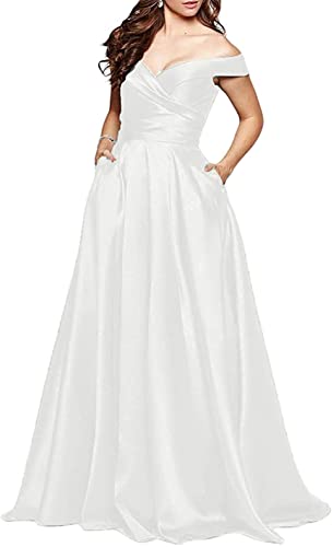 N/ C Damen Ballkleider Schulterfrei Ärmellos A-Linie Lang Abendkleider mit Taschen, weiß, 46 von N/ C