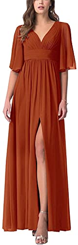 N/ C Damen Brautjungfernkleider V Ausschnitt A-Linie Plissee Split Lang Formal Abendkleider, rust, 32 von N/ C