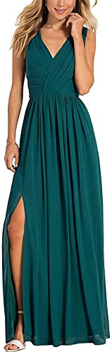 N/ C Damen Chiffon Lange Brautjungfernkleider A-Linie formelle Ballkleider V-Ausschnitt Plissee Abendkleid, petrol, 46 von N/ C