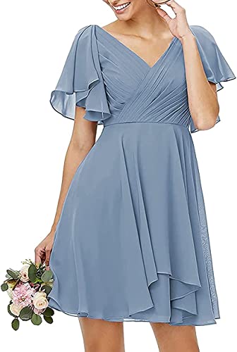 N/ C Damen Doppelter V-Ausschnitt Kurz Rüschen Brautjungfernkleid mit Tasche Formal Abendkleid, dusty blue, 44 von N/ C