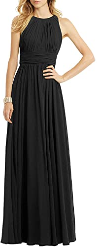 N/ C Damen Hochzeit Brautjungfer Kleid Ärmellos Plissee Lange formelle Abendkleider, Schwarz , 44 von N/ C
