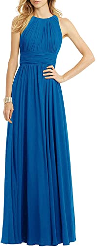 N/ C Damen Hochzeit Brautjungfer Kleid Ärmellos Plissee Lange formelle Abendkleider, blau, 36 von N/ C