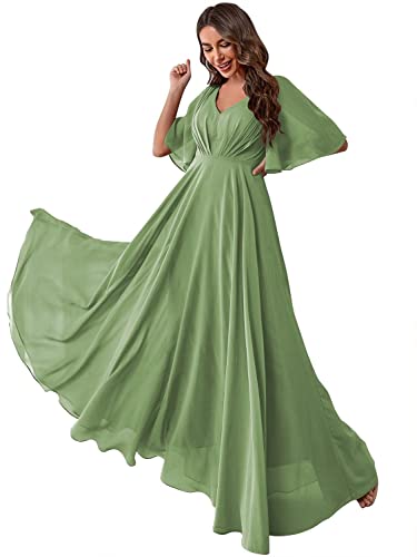 N/ C Damen-Kleid mit Fledermausärmeln, Chiffon, Brautjungfernkleider mit Taschen, V-Ausschnitt, langes formelles Abendkleid C001, Dusty Sage, 44 von N/ C