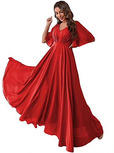 N/ C Damen-Kleid mit Fledermausärmeln, Chiffon, Brautjungfernkleider mit Taschen, V-Ausschnitt, langes formelles Abendkleid C001, rot, 44 von N/ C