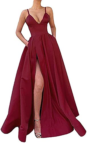 N/ C Damen Lange Satin A Linie V Ausschnitt Taschen Sexy Ballkleider mit Schlitz formelle Abendkleider Ballkleid, burgunderfarben, 32 von N/ C