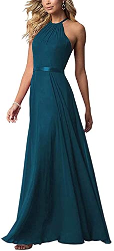 N/ C Damen Neckholder Chiffon Brautjungfer Kleider Lange Party Kleid Abschlussball Abendkleid, blaugrün, 32 von N/ C