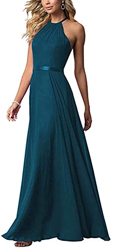 N/ C Damen Neckholder-Kleid aus Chiffon, Brautjungfernkleid, lang, Partykleid, Abschlussball, Abendkleid, blaugrün, 38 von N/ C