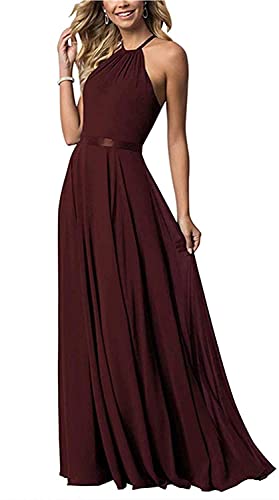N/ C Damen Neckholder Chiffon Brautjungfer Kleider Lange Party Kleid Abschlussball Abendkleid, burgunderfarben, 38 von N/ C