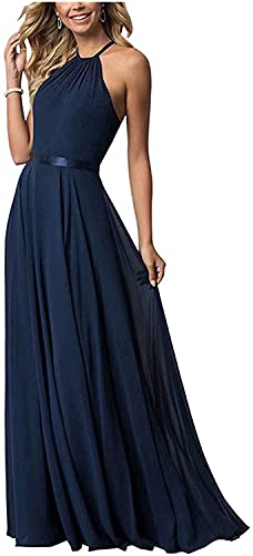 N/ C Damen Neckholder Chiffon Brautjungfer Kleider Lange Party Kleid Abschlussball Abendkleid, navy, 36 von N/ C