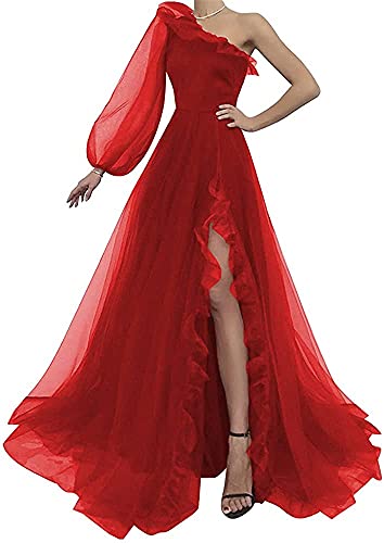 N/ C Damen One Shoulder Ballkleider Rüschen Tüll Bodenlang Abendkleider Puffy Sleeve Ballkleid mit Zug, rot, 40 von N/ C