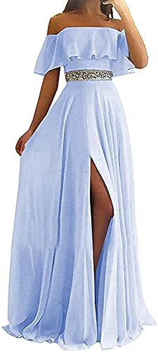 N/ C Damen Schulterfrei Brautjungfer Kleider lang Chiffon Schlitz Ballkleider Rüschen Abend Party Kleid, himmelblau, 38 von N/ C