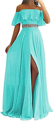 N/ C Damen Schulterfrei Brautjungfer Kleider lang Chiffon Schlitz Ballkleider Rüschen Abend Party Kleid, türkis, 36 von N/ C