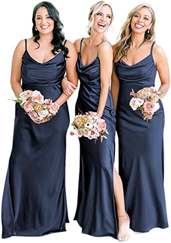 N/ C Damen Spaghettiträger Brautjungfernkleider Lang Wasserfallkragen Meerjungfrau Abschlussball Kleid Satin Abendkleid, navy, 32 von N/ C