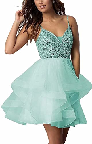 N/ C Damen Spaghettiträger Tüll Pailletten Homecoming Kleider für Junior Organza Stufed Kurz Abschlussball Party Cocktail Kleider, aqua, 34 von N/ C