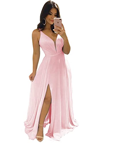N/ C Damen V-Ausschnitt Brautjungfernkleider für Frauen Lange Einfache A-Linie Formale Kleider mit Schlitz, rose, 40 von N/ C