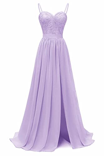 N/ C Damen V-Ausschnitt Spaghettiträger Brautjungfernkleid Lange Seite Split Chiffon Spitze Hochzeit Abend Prom Kleider, Flieder, 32 von N/ C