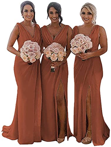 N/ C Doppel V-Ausschnitt Brautjungfer Kleider Lange Trauzeugin Kleid Chiffon Hochzeit Abendkleider für Frauen, burnt orange, 38 von N/ C