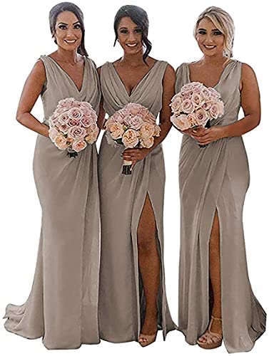 N/ C Doppelter V-Ausschnitt Brautjungfernkleider Lange Trauzeugin Kleid Chiffon Hochzeit Abendkleider für Frauen, taupe, 38 von N/ C