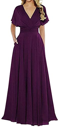 N/ C Kleider Rüschen Doppel V-Ausschnitt Brautjungfer Kleider Lange A-Linie Chiffon Brautjungfer Ehrenkleid für Frauen, pflaume, 46 von N/ C