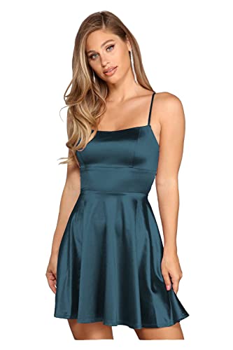 N/ C Kurze Spaghettiträger Ballkleid mit Taschen Satin Homecoming Kleid für Teenager mit Schlitz, Blau (Ink Blue), 32 von N/ C