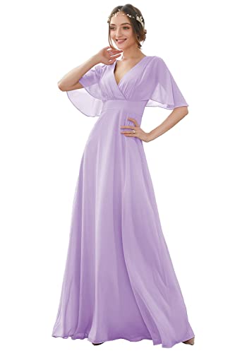 N/ C Langes Brautjungfernkleid, V-Ausschnitt, Chiffon, A-Linie, Fledermausärmel, Ballkleid mit Taschen, C027, Flieder, 48 Plus von N/ C