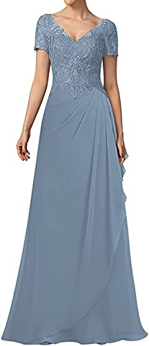 N/ C Mother of the Bride Bräutigam Kleider V-Ausschnitt Spitze Applique Kurzarm Lange formelle Abendkleider für Frauen, dusty blue, 46 von N/ C