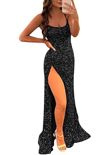 N/ C SAYNO Ballkleid Lang Pailletten Spaghetti Schlitz Rückenfrei Abendkleid, Schwarz , 32 von N/ C