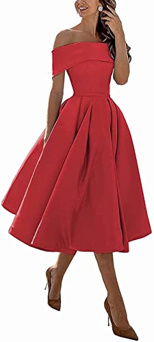 N/ C SAYNO Damen Partykleider Kurz Schulterfrei Knielang Brautjungfer Abendkleid, rot, 46 von N/ C
