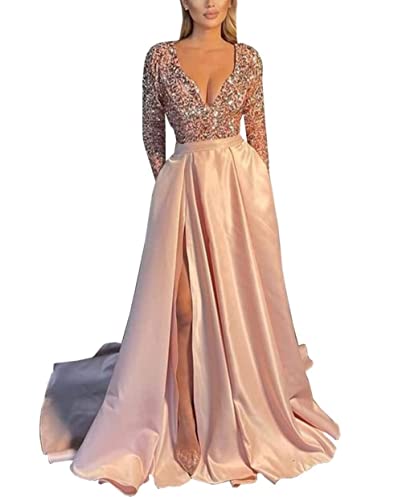 N/ C SAYNO Damen V-Ausschnitt Langarm Ballkleider mit Schlitz Pailletten Satin formelle Abendkleider, blush, 40 von N/ C