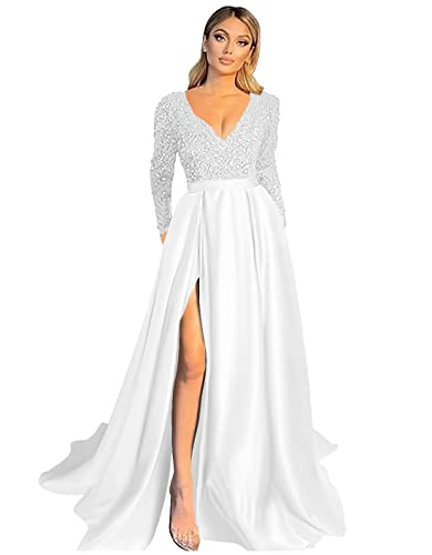 N/ C SAYNO Damen V-Ausschnitt Langarm Ballkleider mit Schlitz Pailletten Satin formelle Abendkleider, weiß, 46 von N/ C