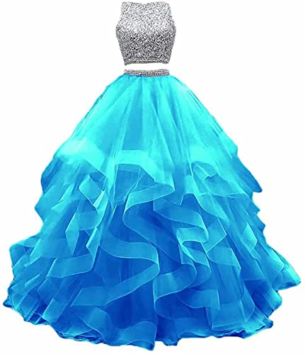 Quinceanera Ballkleid mit Perlen, Tüll, 16 Partykleider, zweiteilig, blau, 48 von N/ C