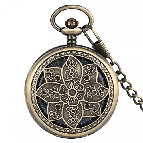 Bronze Lotus Flower Hohlgehäuse Handaufzug Mechanische Taschenuhren Blaues römisches Zifferblatt FOB-Uhr Skelettuhrenkette Hochzeitstag Vatertag Weihnachten Geburtstagsgeschenk von N/Ａ