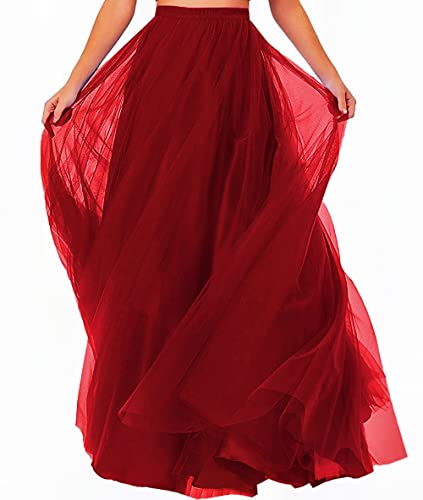 Damen Lange Tüll Rock 4 Layer Rock Tüll Maxiröcke Elegante Hochzeit Röcke Lang Festlich Rock Hochzeit Cocktail Langrock Prinzessinenkleid M(Burgund Rot von N\\A