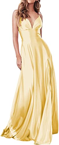 Damen Langes Abschlussball Cocktailkleid Hoher Seitenschlitz A-Linie Spaghettiträger Formale Abendkleider mit Taschen, gelb, 40 von N\A