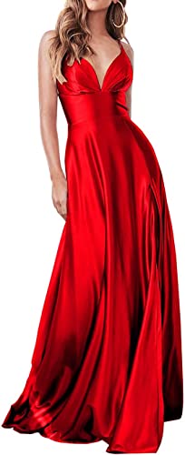 Damen Langes Abschlussball Cocktailkleid Hoher Seitenschlitz A-Linie Spaghettiträger Formale Abendkleider mit Taschen, rot, 48 von N\A