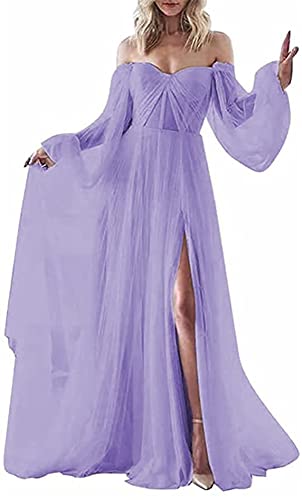 Damen Schulterfrei Puffy Tüll Lang Ball Formal Abend Party Kleider Langarm Bodenlang Seitenschlitz Süße Prinzessin Kleider, lavendel, 44 von N\A