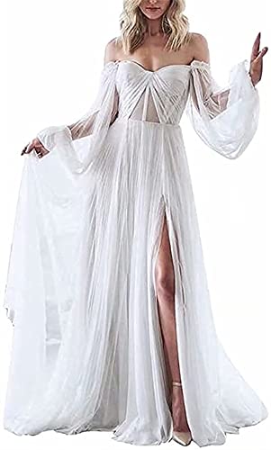 Damen Schulterfrei Puffy Tüll Lang Ball Formal Abend Party Kleider Langarm Bodenlang Seitenschlitz Süße Prinzessin Kleider, weiß, 34 von N\A