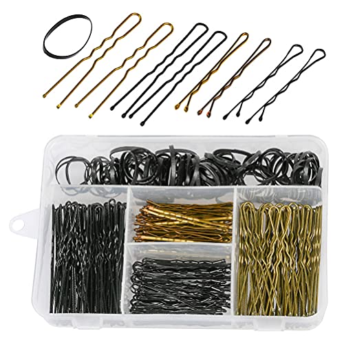 Haarklammern und Haarbänder, Set mit 100 Haarbändern und 200 U-förmige Haarnadeln mit Aufbewahrungsbox, für Mädchen/Damen, Gold/Schwarz, 300 Stück Haarklammern und Haarbänder, Set mit 100 Haarbändern und 200 U-förmige Haarnadeln mit Aufbewahrungsbox, für Mädchen/Damen, Gold/Schwarz, 300 Stück von Furnrubden