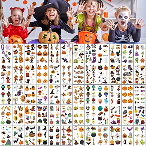 Halloween Tattoos für Kinder, 60 Blatt Temporary Tattoo Aufkleber für Jungen Mädchen, 500+ Kürbis Ghost Spinnen Sticker, Kindergeburtstag Mitgebsel Deko Party Cosplay Zubehör von N\A