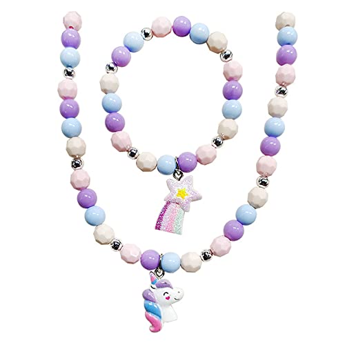 NA Kinder Schmuck Set,Halsketten und Armband Set,Einhorn Sternschnuppen Regenbogen,Bunte Perlen Halskette für Mädchen Geburtstag Party Dress up Kostüm Zubehör（2 Stücke ） von N\A