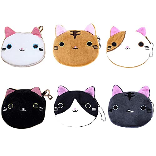 M眉nzb枚rsen mit Cartoon-Katzen-Motiv, Pl眉sch, Wickeltasche, Rei脽verschluss, f眉r Kreditkarten, Schl眉ssel, Headset, Lippenstift, 6 St眉ck von N\A