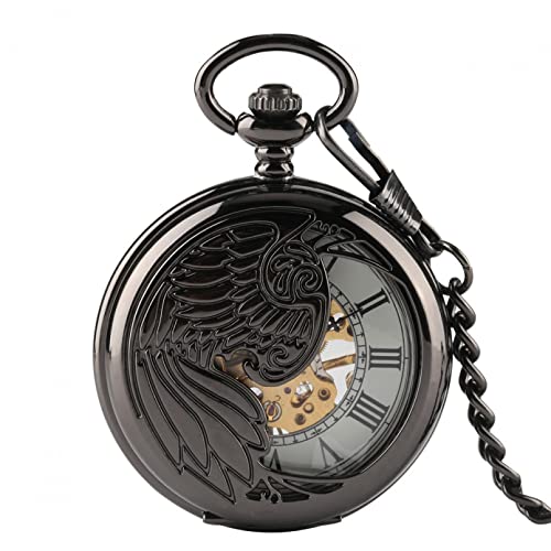 N/Ａ Accessoires für Herren und Damen Vintage Black Wing Pattern Mechanische Taschenuhr Männliche Retro-Taschenuhr mit Kette Half Hunter Manual Hochzeitstag Vatertag Weihnachten Geburtstagsgeschenk von N/Ａ