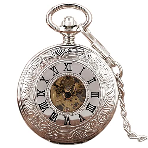 N/Ａ Double Open Hunter Gehäuse Mechanische Taschenuhr Silberne römische Nummer Handaufzug Schild Rückseite FOB Kette Geschenke Uhr Hochzeitstag Vatertag Weihnachten Geburtstagsgeschenk von N/Ａ