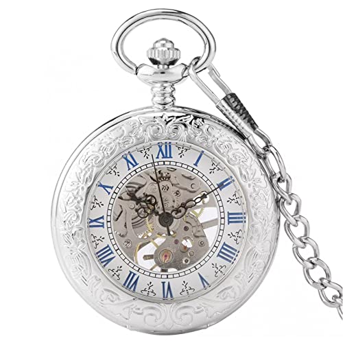 N/Ａ Fashion Blue Skeleton Exquisite Anhänger Männer Handaufzug Silber Mechanische Taschenuhr Premium-Legierung Schmuck Armbanduhr Hochzeitstag Vatertag Weihnachten Geburtstagsgeschenk von N/Ａ