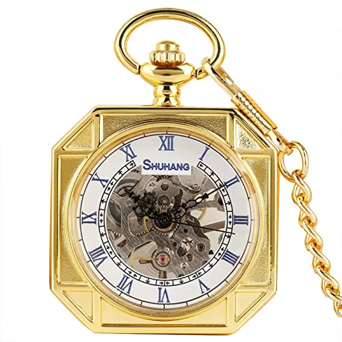 N/Ａ Herren- und Damenaccessoires Royal Gold Achteckige Mechanische Taschenuhr Transparentes Glasgehäuse Einzigartiges Design Handaufzug FOB-Kette Hochzeitstag Vatertag Weihnachten Geburtstagsgeschenk von N/Ａ