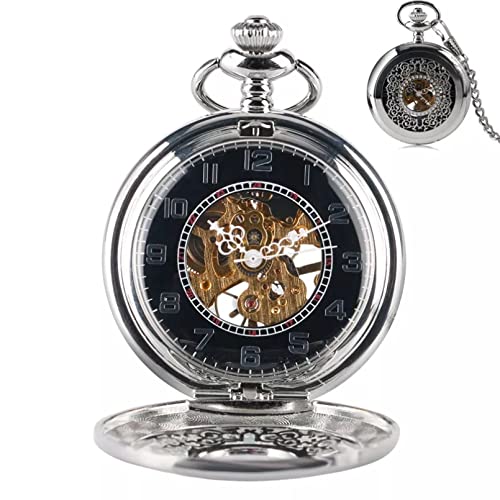 N/Ａ Herren- und Damenaccessoires Silber Skelett Schnitzerei Dampf Mechanische Handaufzug Taschenuhr Männer Frauen Geschenk Mit Kette Hochzeitstag Vatertag Weihnachten Geburtstagsgeschenk von N/Ａ