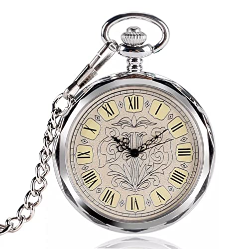 N/Ａ Herren- und Damenaccessoires Silberne offene mechanische Handaufzug Taschenuhr mit Kette Männer Frauen Geschenk Hochzeitstag Vatertag Weihnachten Geburtstagsgeschenk von N/Ａ