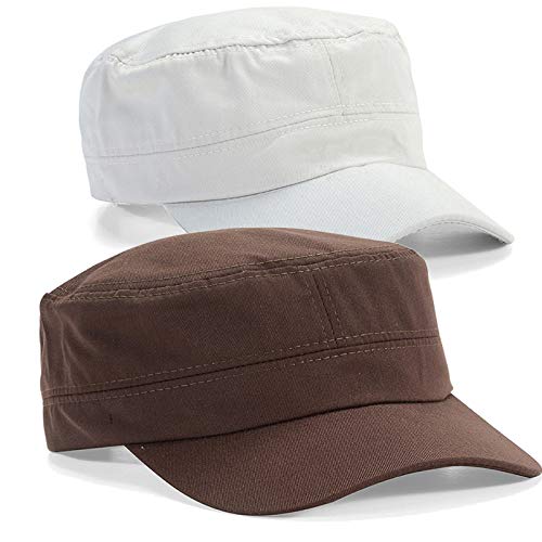 "N/A" LERTREEUK 2 Stück Damen Herren Baumwolle Klassische Armee Kappen Militärmützen Baseballmütze Flat Top Kopfbedeckung verstellbar (56-60 cm) (Weiß+Kaffee) von LERTREEUK